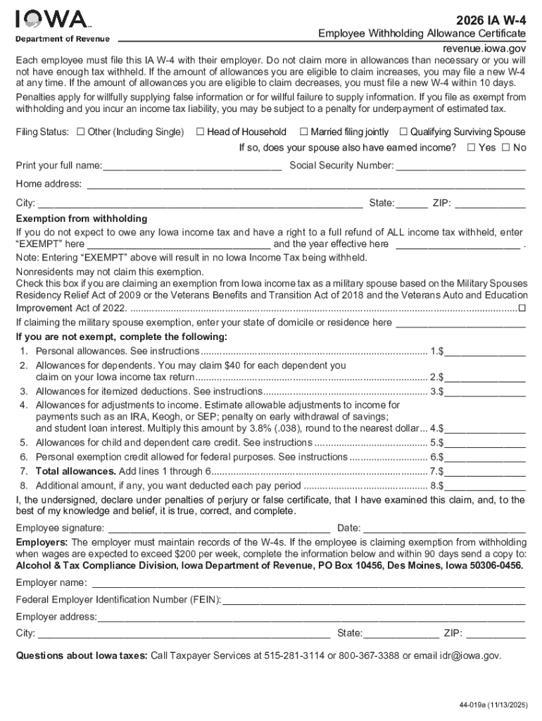 Iowa W 4 Employee Withholding Allowance Certificate  Form