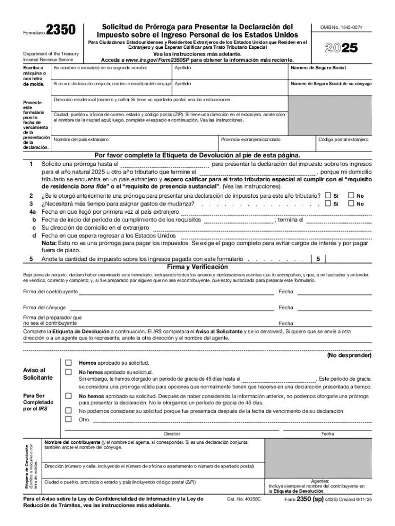 Form 2350 Sp Application for Extension of Time to File U S Income Tax Return Spanish Version