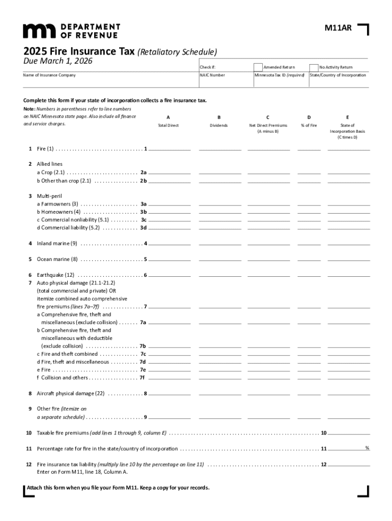  M11AR, Fire Insurance Tax Retaliatory Schedule 2025-2026