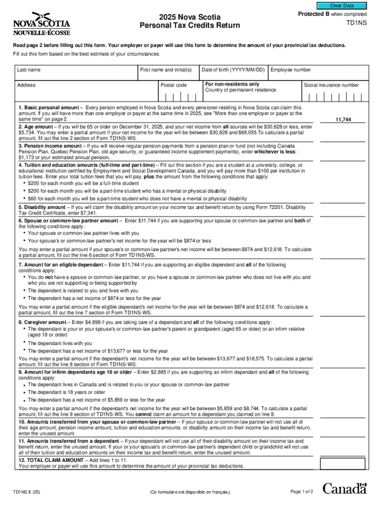 Nova Scotia Personal Tax Credits Return  Form