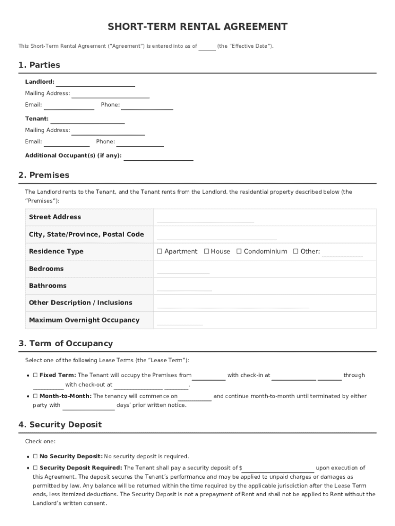 Short Term Rental Agreement  Form