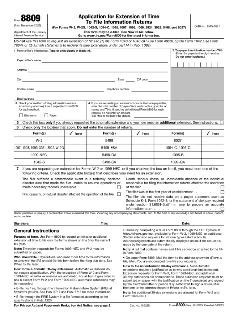 IRS Revises Form 8809 Application for Extension of Time to