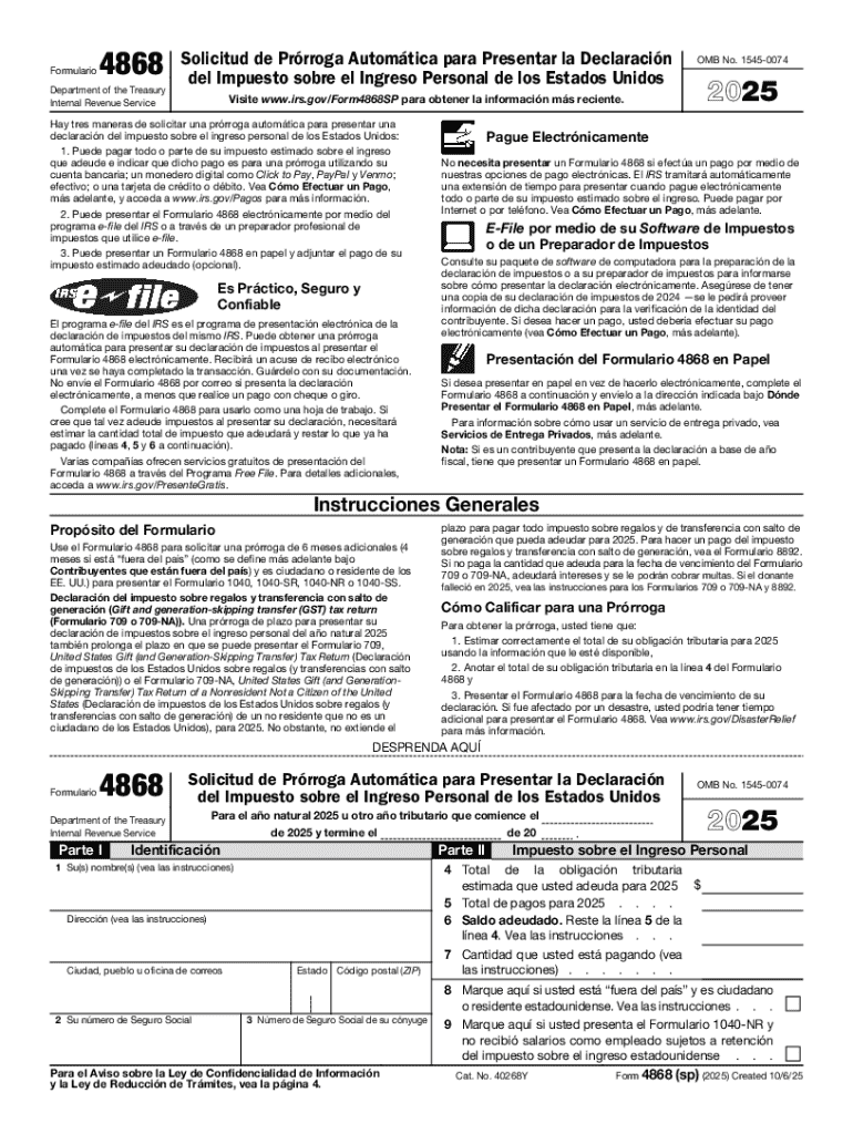 Form 4868 Sp Application for Automatic Extension of Time to File U S Individual Income Tax Return Spanish Version