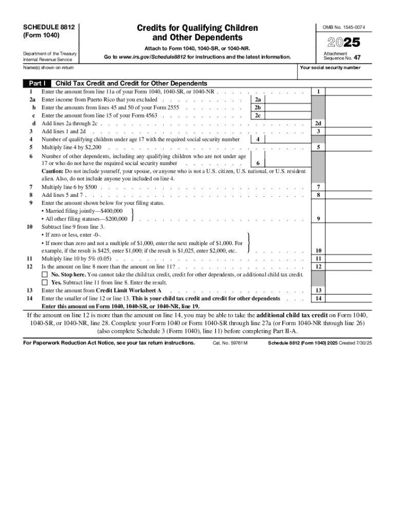 Schedule 8812 Form 1040 Credits for Qualifying Children and Other Dependents
