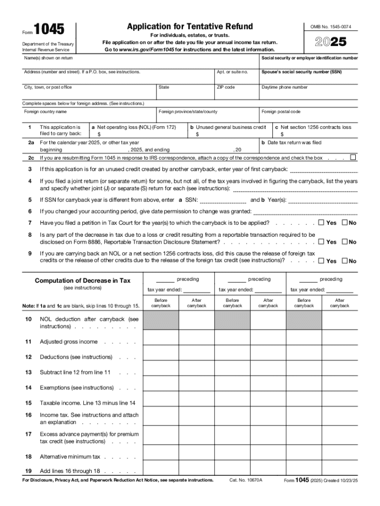 Form 1045 Application for Tentative Refund Valur Library