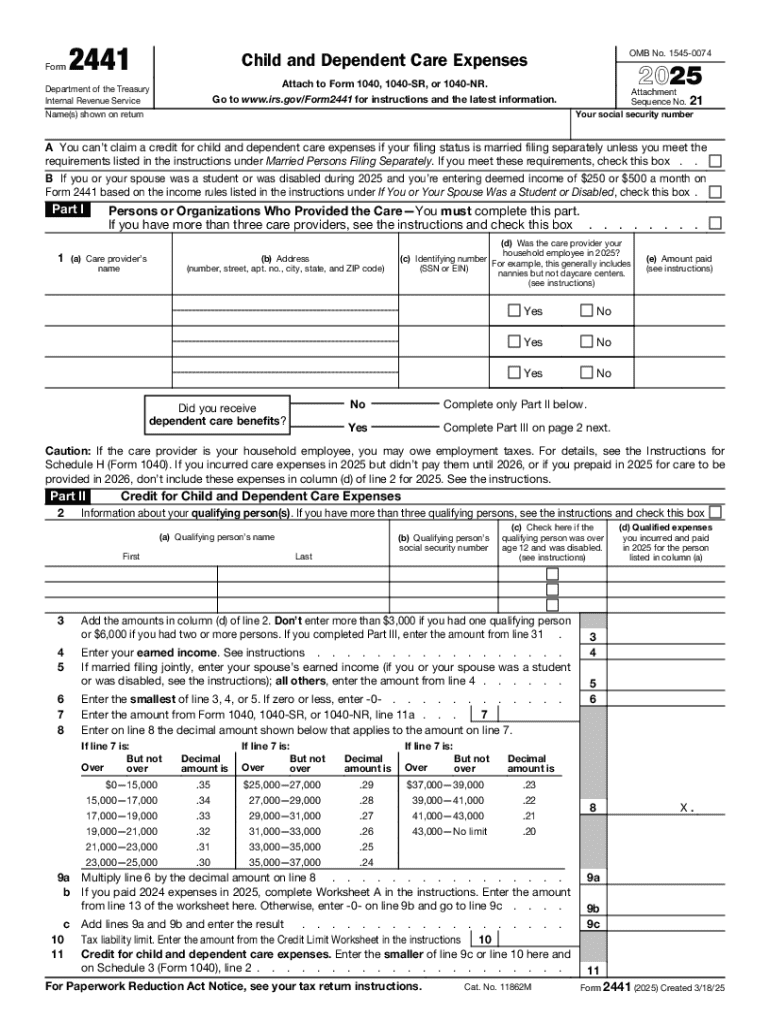 Form 2441 Child and Dependent Care Expenses