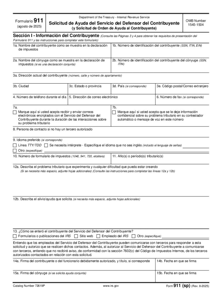 Form 911 Sp Rev 8 Request for Taxpayer Advocate Service Assistance and Application for Taxpayer Assistance Order Spanish Version