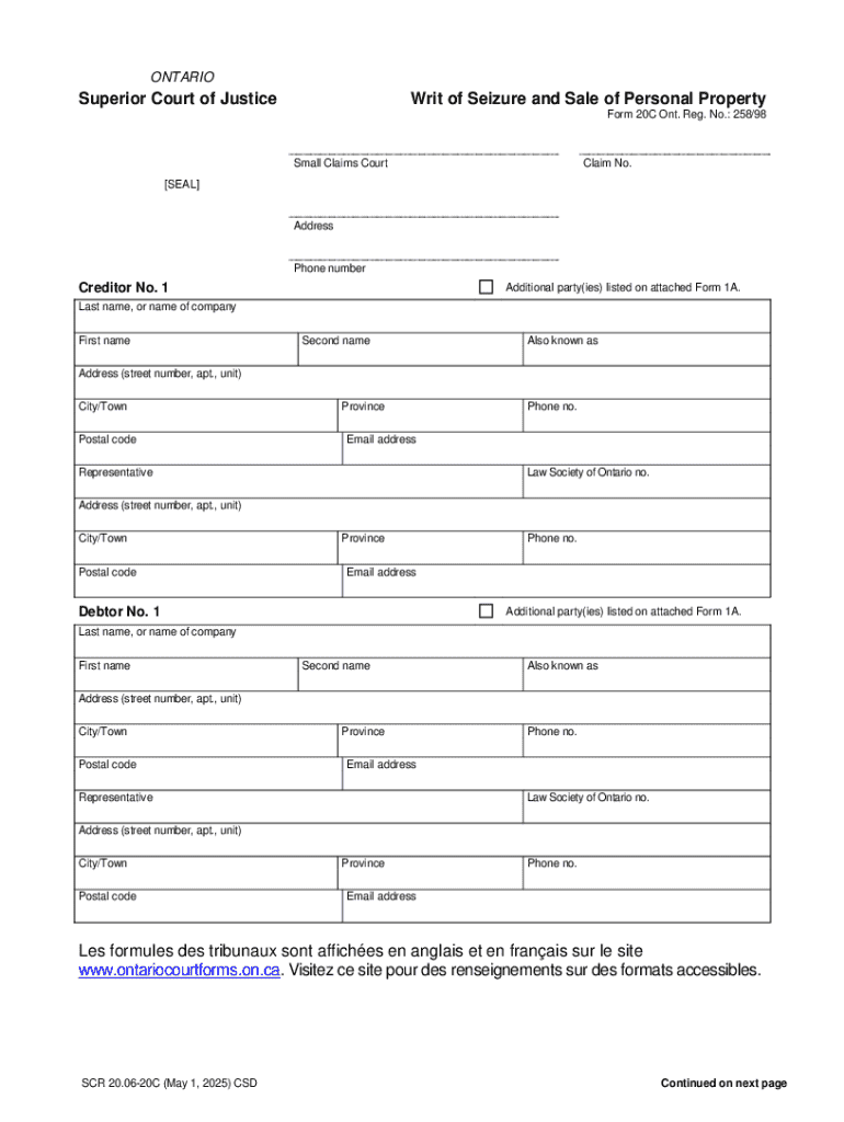 Ontario Superior Court Writ of Seizure and Sale  Form