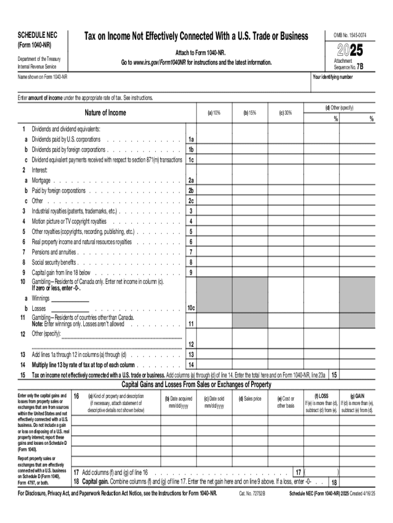  Schedule NEC Form 1040 NR Tax on Income Not Effectively Connected with a U S Trade or Business 2025-2026