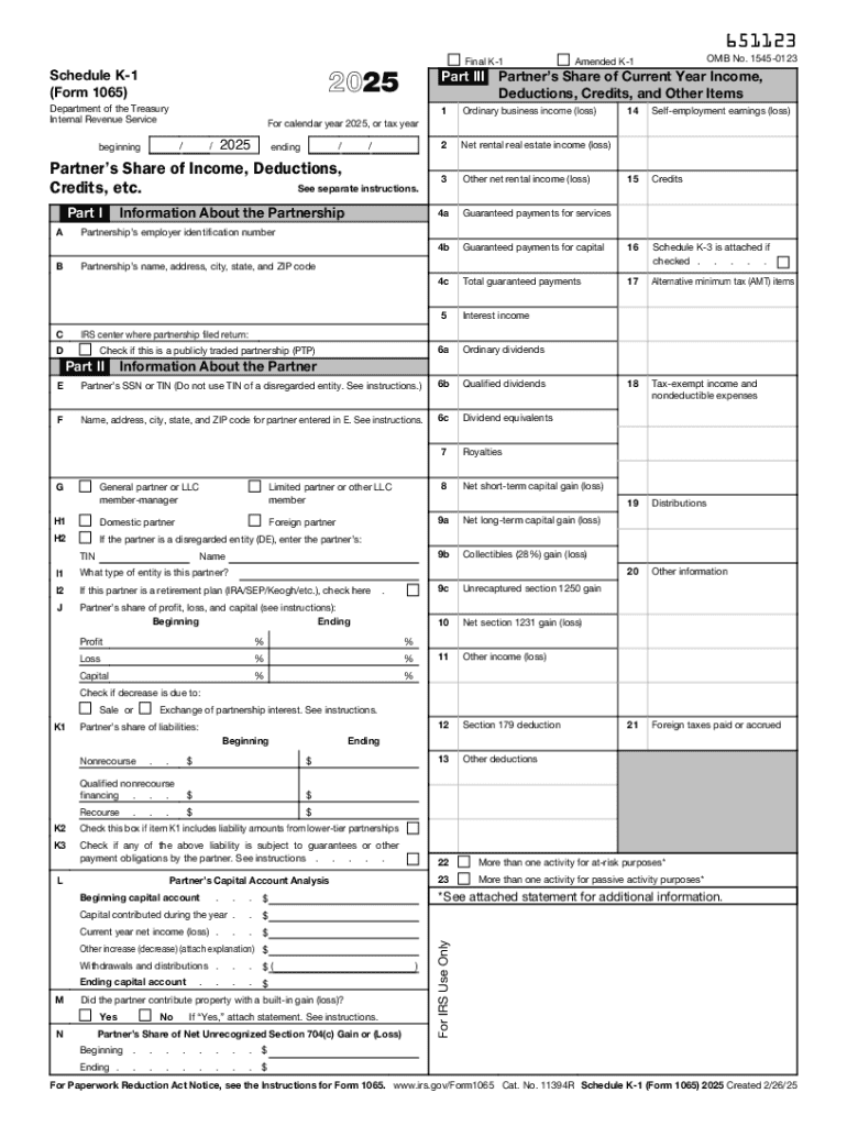  Schedule K 1 Form 1065 Partner&amp;#039;s Share of Income, Deductions, Credits, Etc 2025-2026