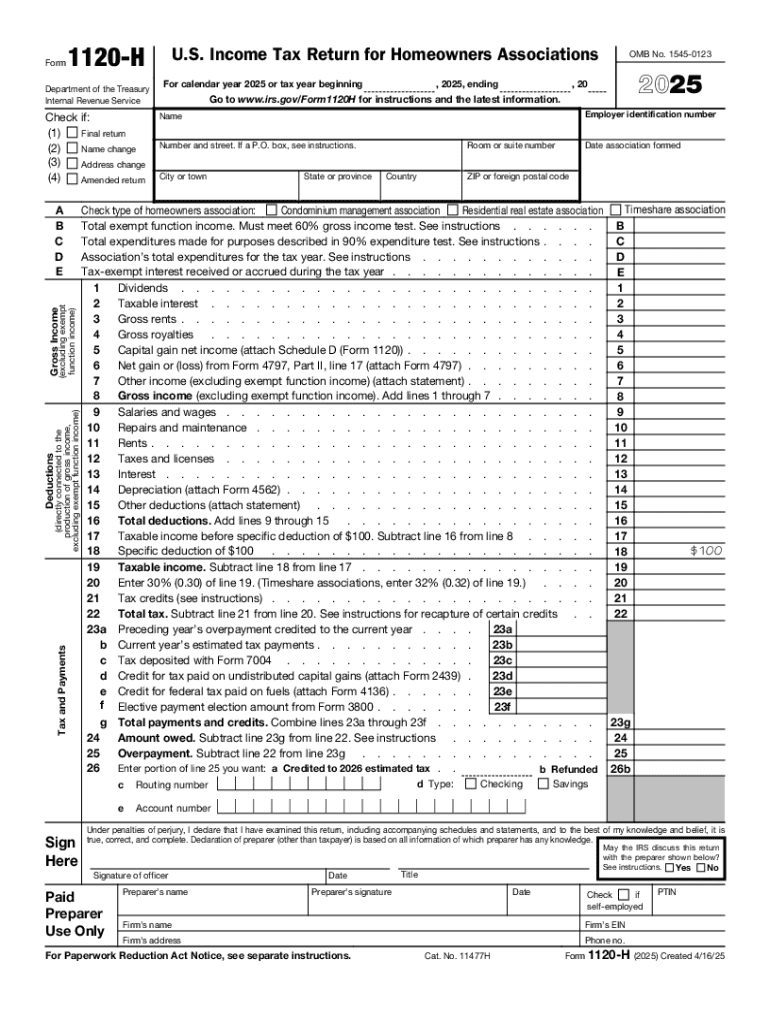  Form 1120 H 2025-2026