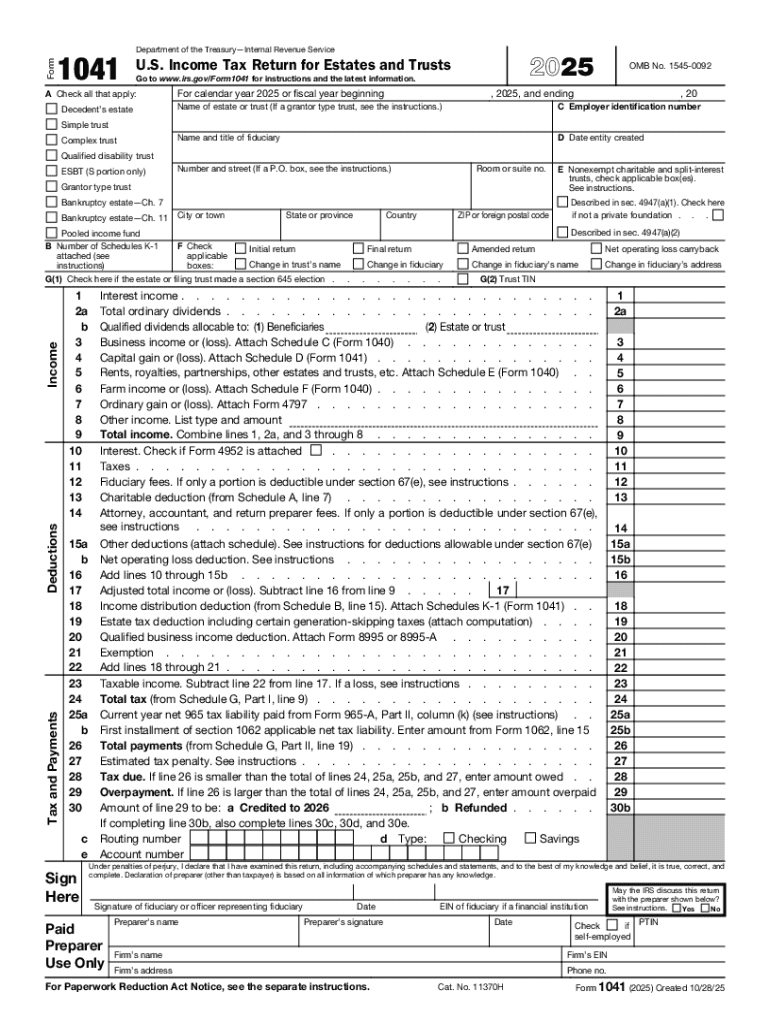  Form 1041 U S Income Tax Return for Estates and Trusts 2025-2026