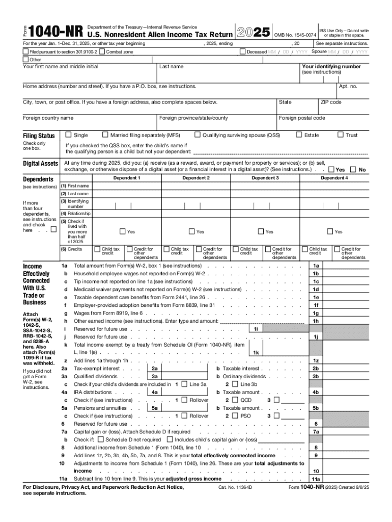  U S Nonresident Alien Income Tax Return Form 1040NR 2025-2026