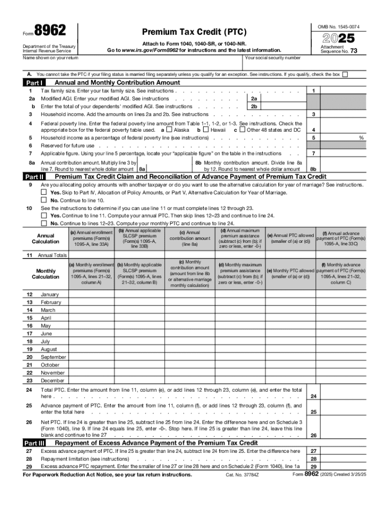  IRS Form 8962 Calculate Your Premium Tax Credit PTC 2025-2026