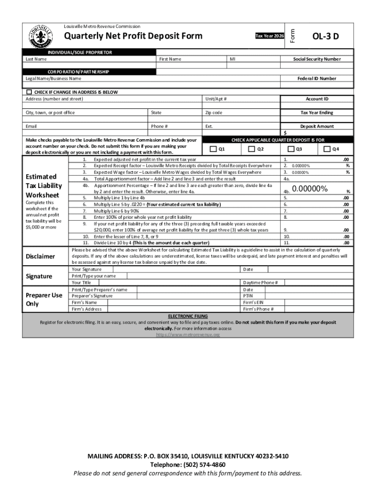 Louisville Metro Quarterly Net Profit Deposit Form