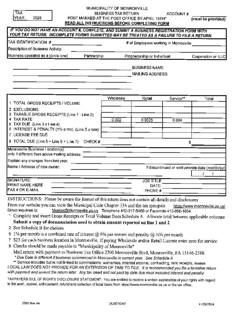 Municipality of Monroeville Business Tax Return  Form