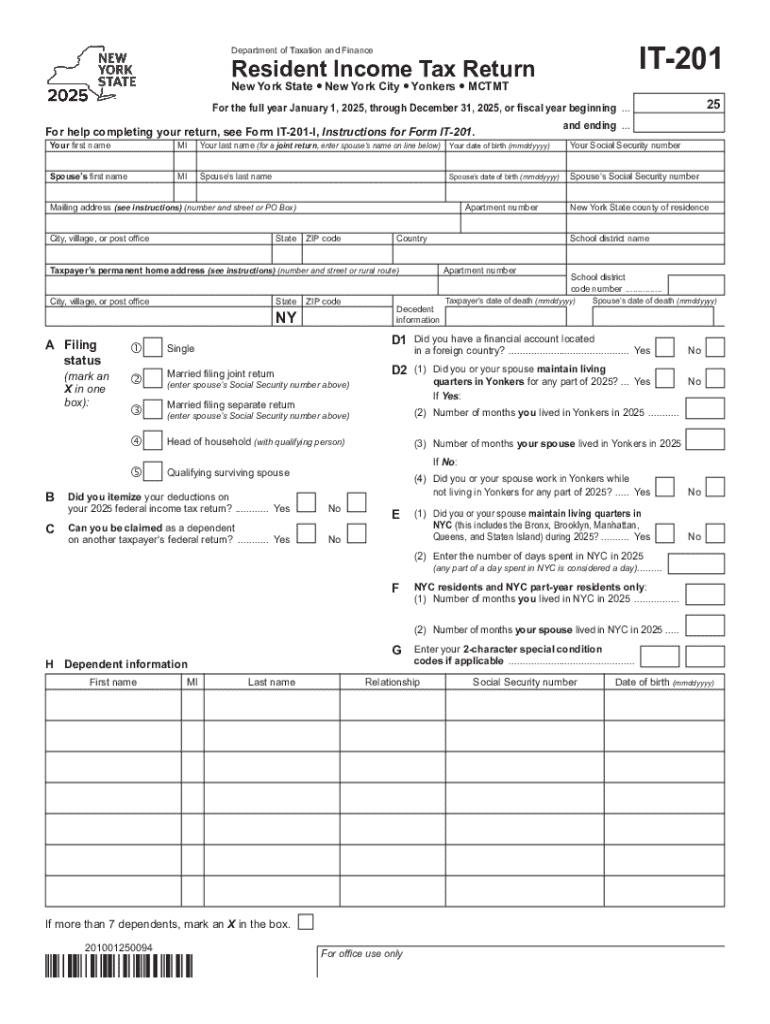  New York State Resident Income Tax Return Form it 201 2025-2026