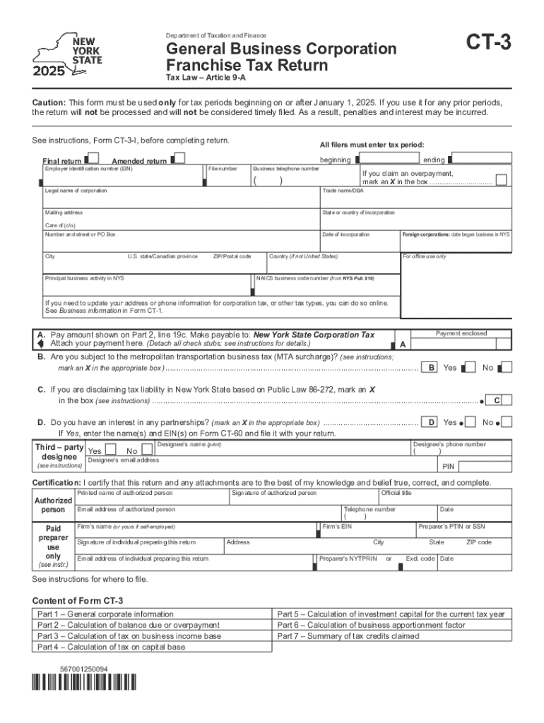  Form CT 3 General Business Corporation Franchise Tax Return Tax Year 2025-2026