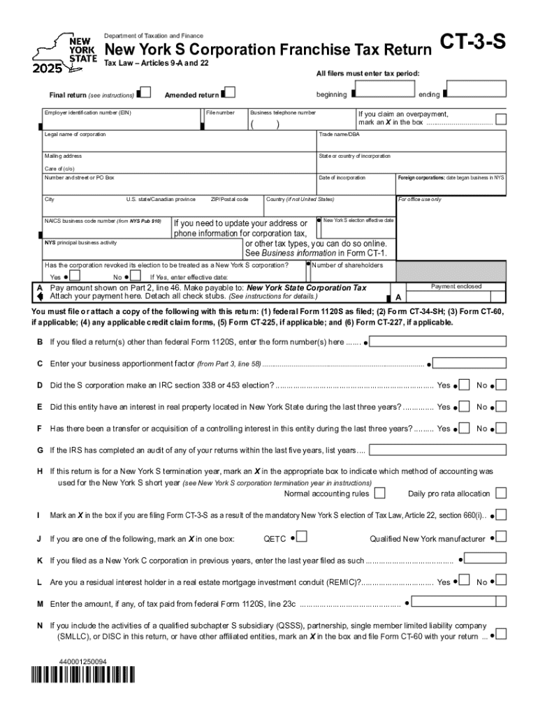  Form CT 3 S New York S Corporation Franchise Tax Return Tax Year 2025-2026