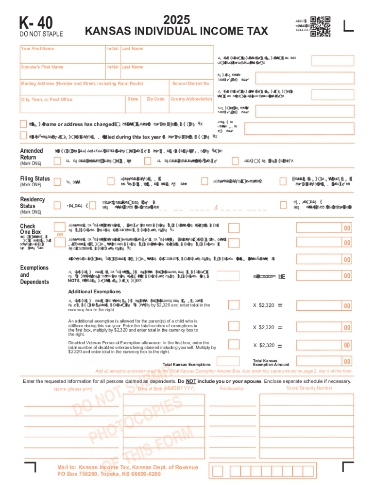  K 40 Kansas Individual Income Tax Return8 5 25 K 40 Kansas Individual Income Tax ReturnRevised 8 5 25 2025-2026