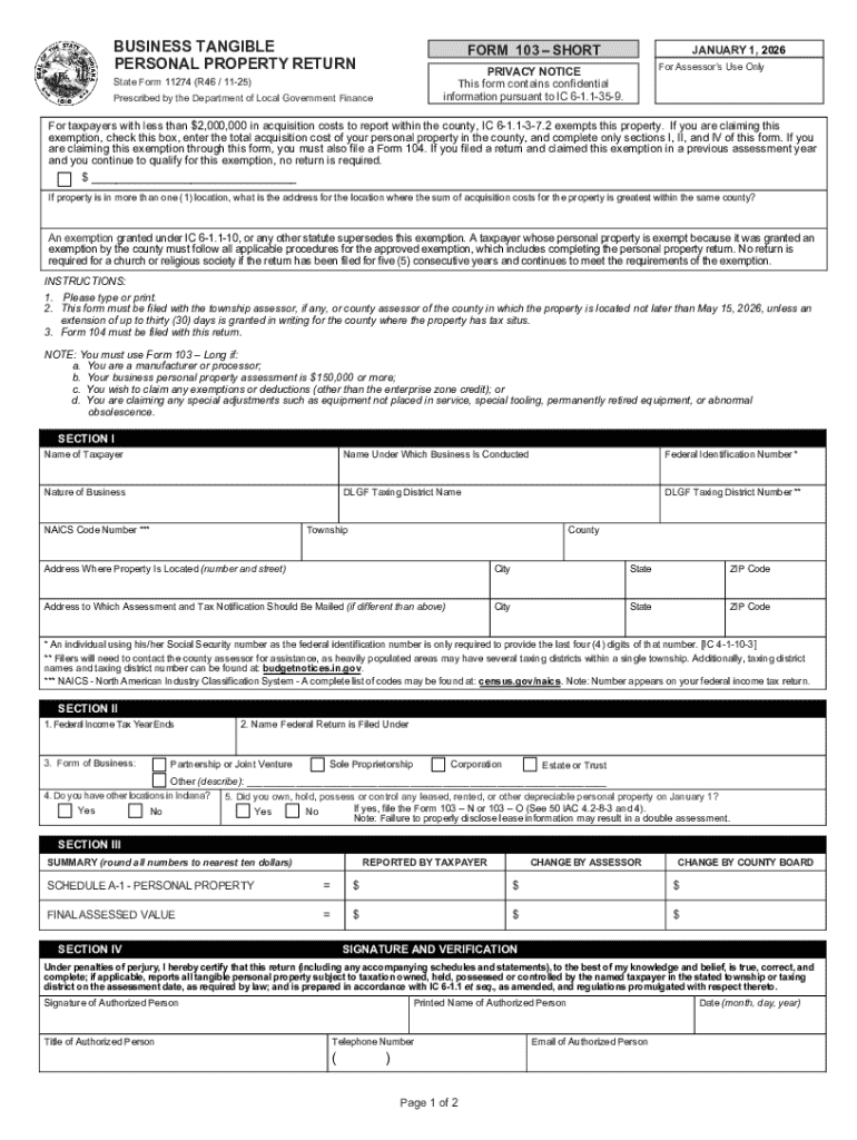 Indiana Short Form 103 Tangible Personal Property Return