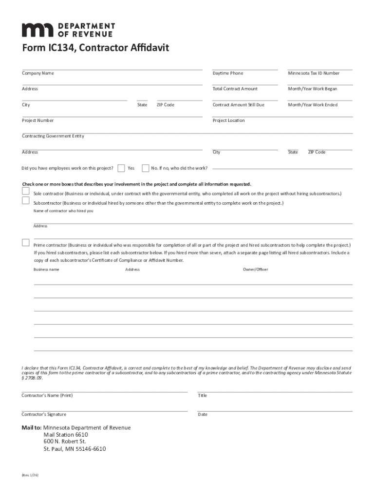 Form IC134 Contractor Affidavit