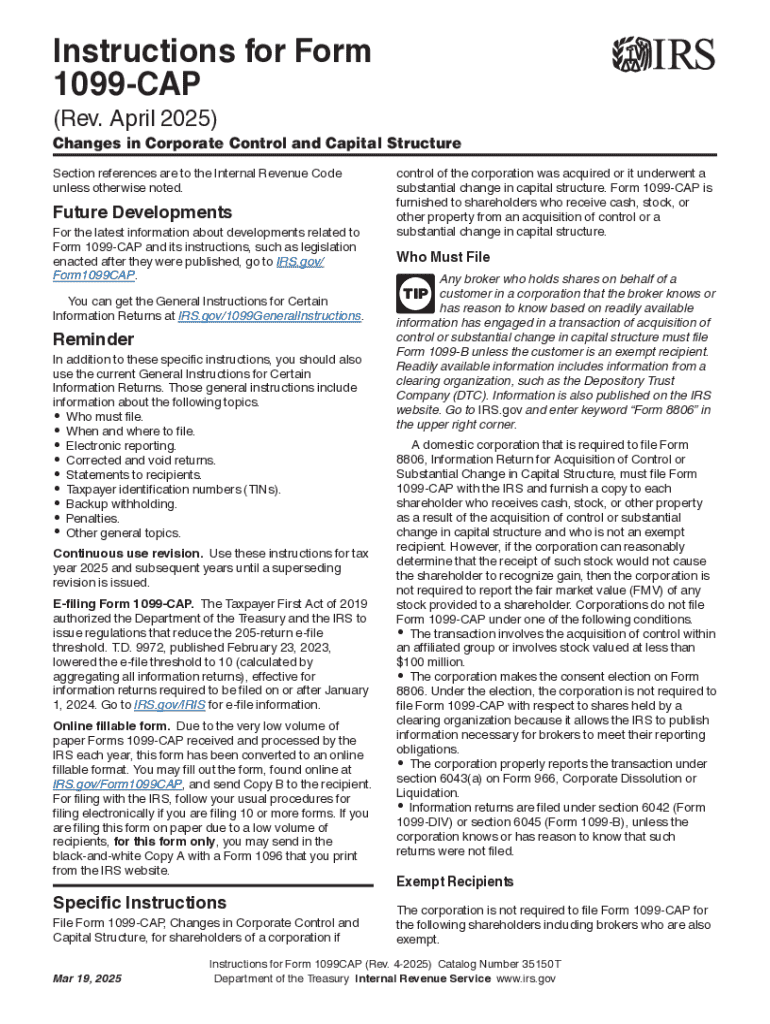 Form 1099 CAP, Changes in Corporate Control and Capital