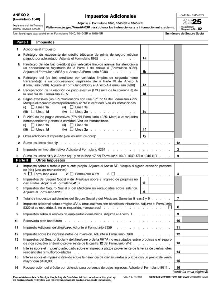 Schedule 2 Form 1040 Sp Additional Taxes Spanish Version