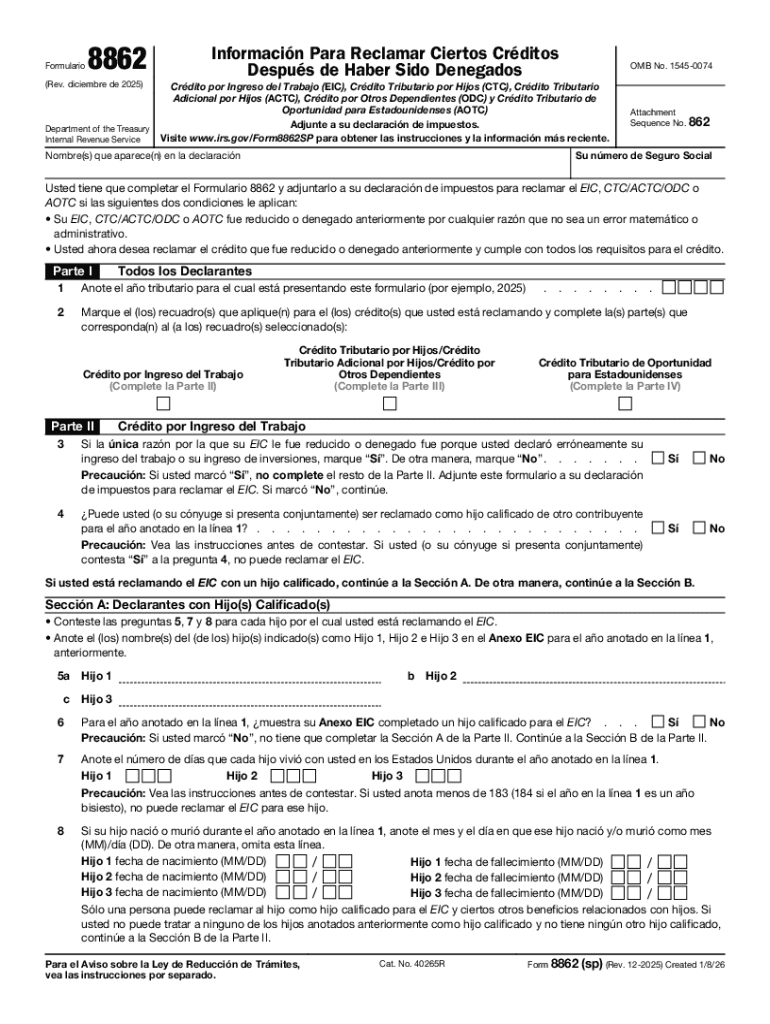 Form 8862 Sp Rev December Information to Claim Earned Income Credit After Disallowance Spanish Version