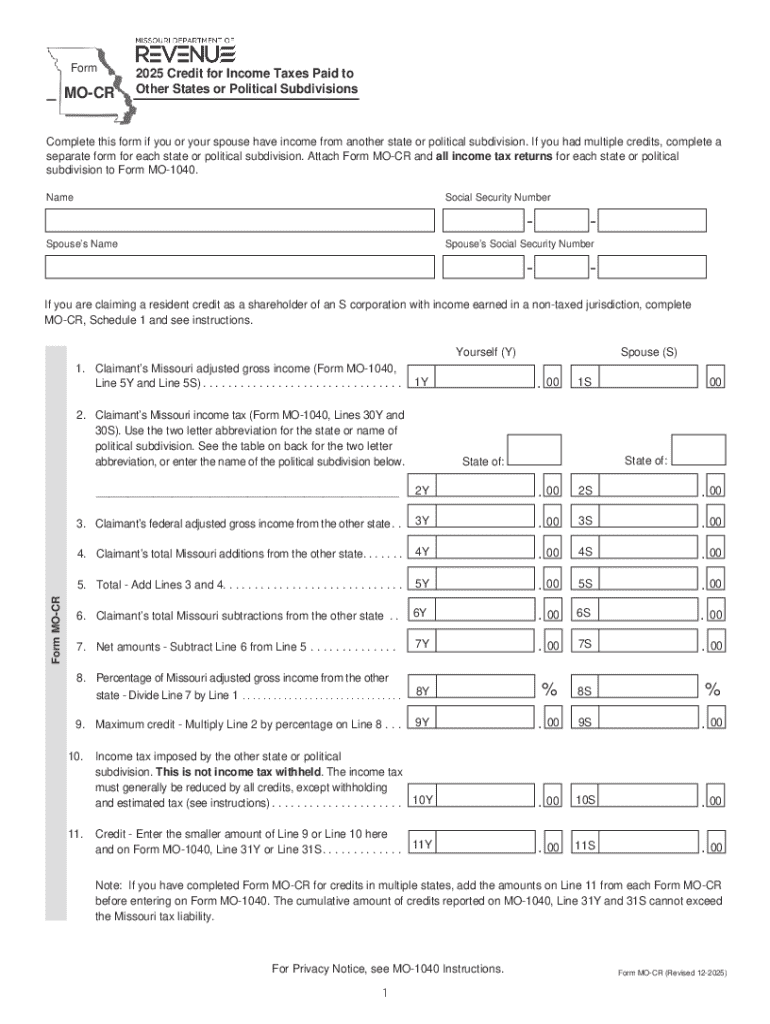  Form MO CR Credit for Income Taxes Paid to Other States or 2025-2026