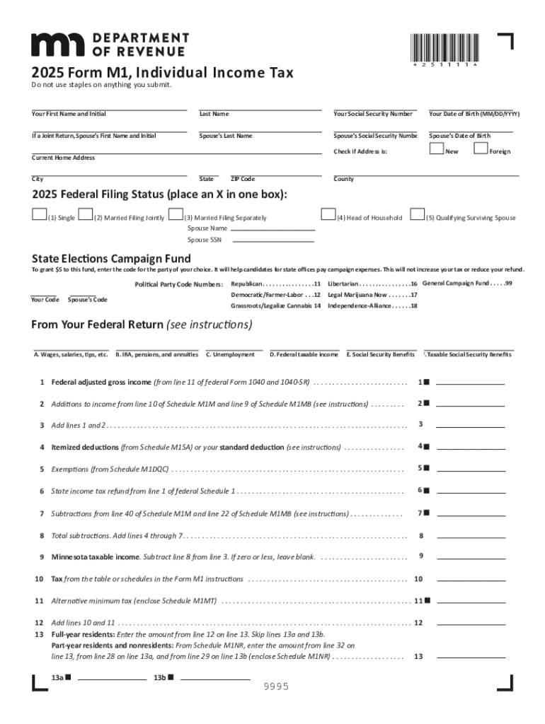  Form M1, Individual Income Tax Return 2025-2026