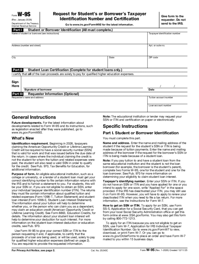 Form W 9S Rev January Request for Student&amp;#039;s or Borrower&amp;#039;s Taxpayer Identification Number and Certification