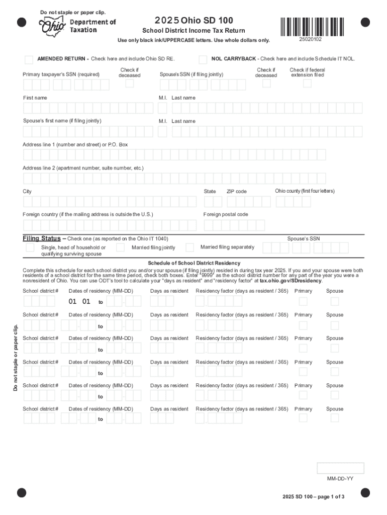 Ohio Amended School District Income Tax Return  Form