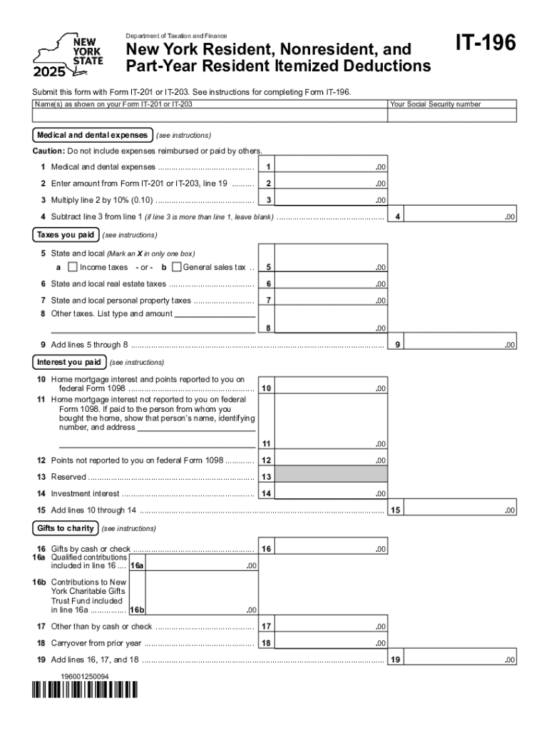 Form it 196 New York Resident, Nonresident, and Part Year Resident Itemized Deductions Tax Year