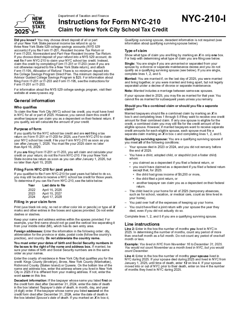 Instructions for Form NYC 210 Claim for New York City School Tax Credit Tax Year