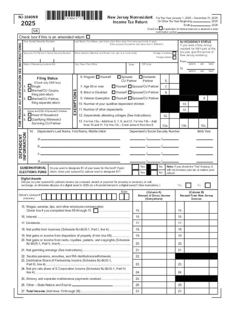 Form NJ 1040NR Income Tax Nonresident Return