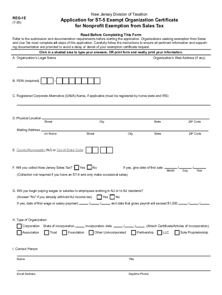 Form REG 1E Application for ST 5 Exempt Organization Certificate for Nonprofit Exemption from Sales Tax Application for ST 5 Exe