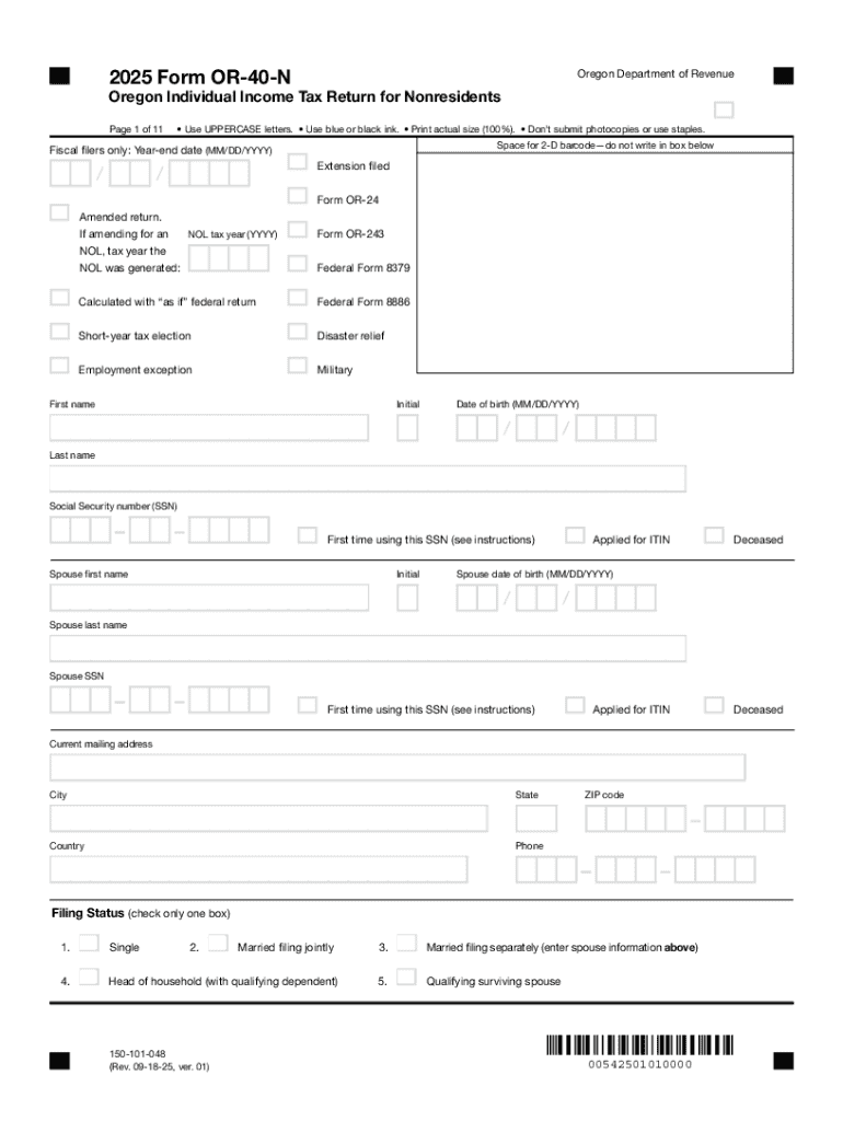 Form or 40 N, Oregon Individual Income Tax Return