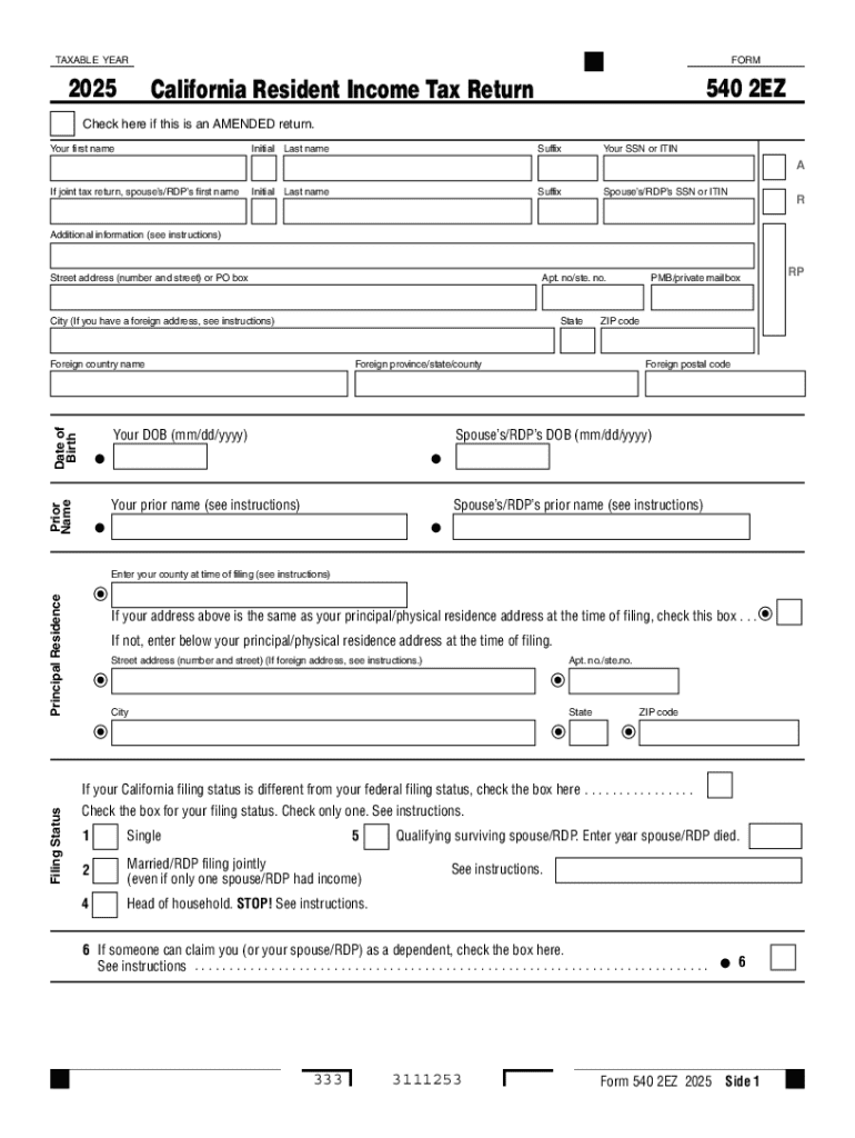 Form 540 2EZ California Resident Income Tax Return