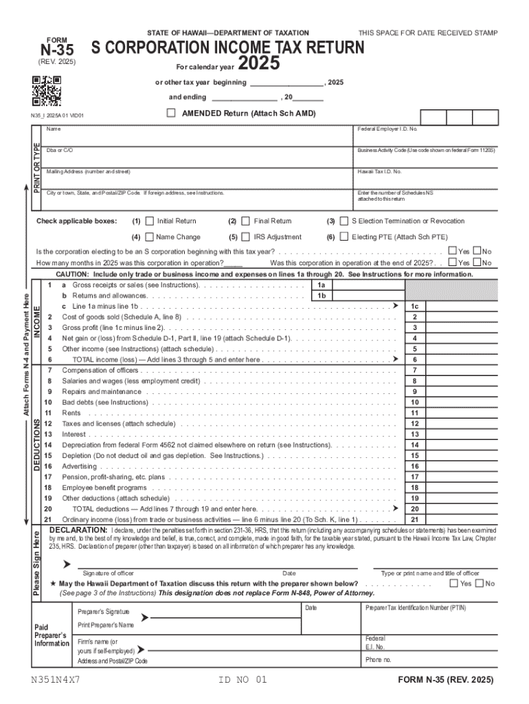 Form N 35, Rev , S Corporation Income Tax Return Forms Fillable