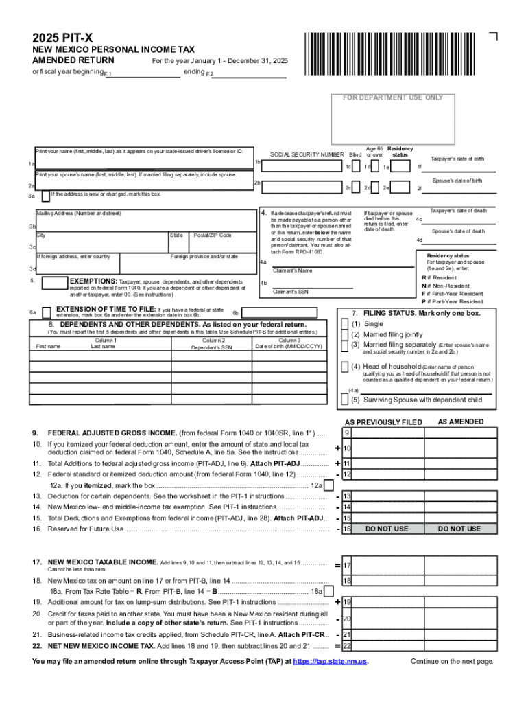  Form PIT X New Mexico Personal Income Tax Amended 2025-2026