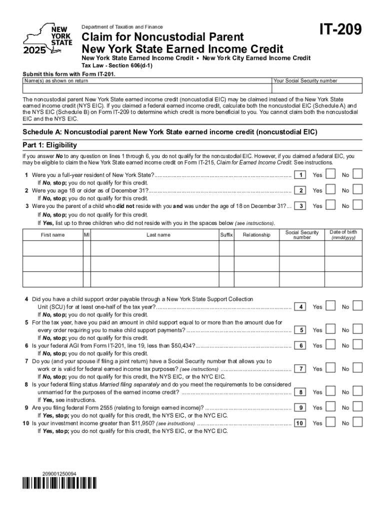  Form it 209 Claim for Noncustodial Parent New York State Earned Income Credit Tax Year 2025-2026