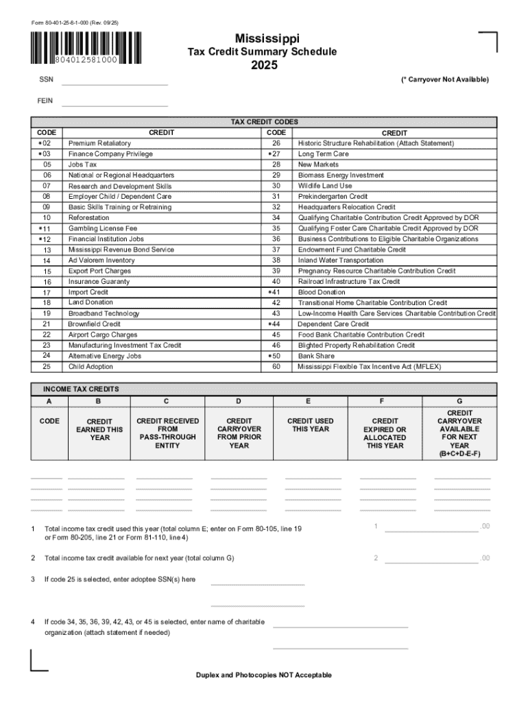 Mississippi Tax Credit Summary Schedule  Form