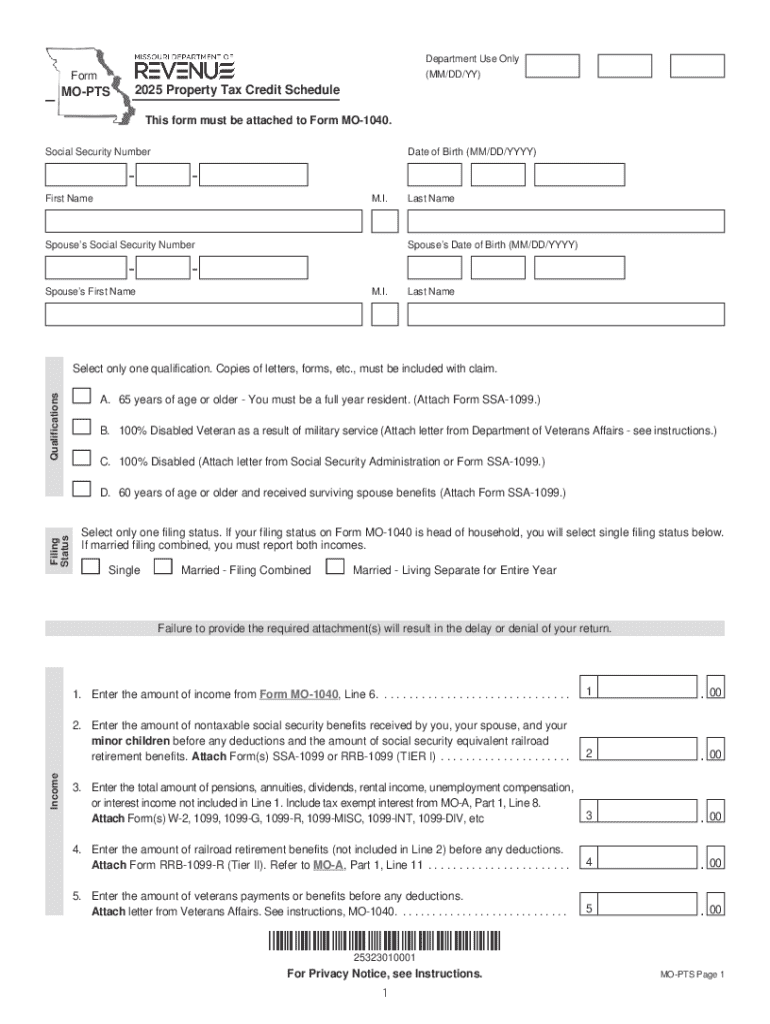 Form MO PTS Property Tax Credit Schedule