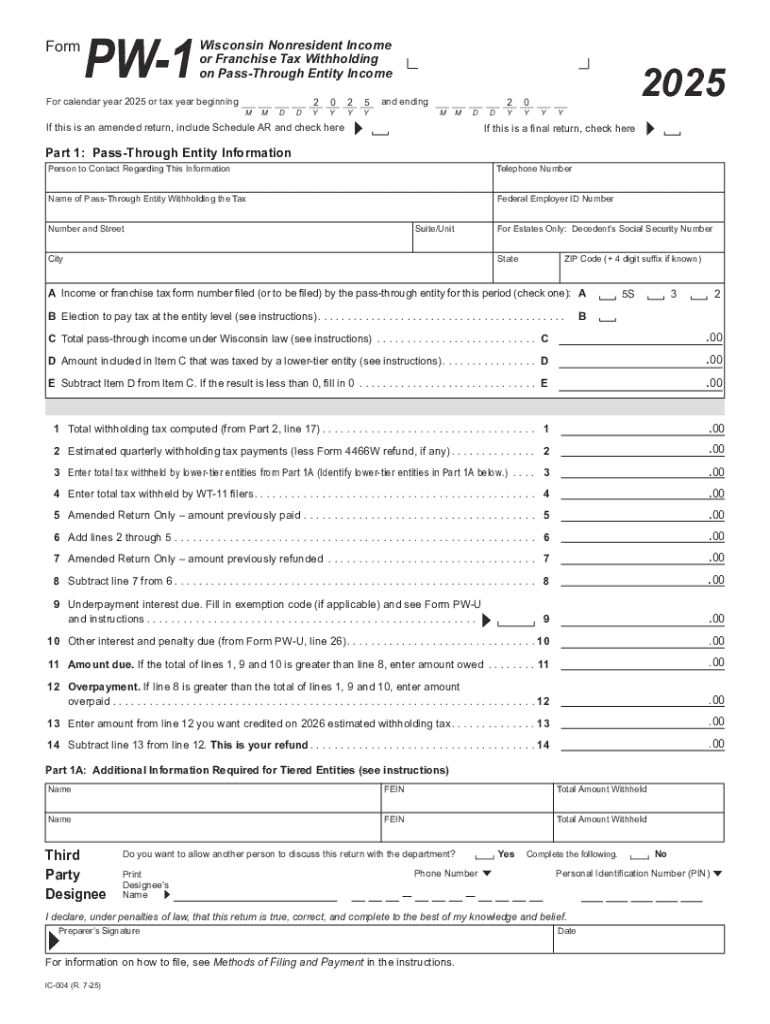  IC 004 Form PW 1 Wisconsin Nonresident Income or Franchise Tax Withholding on Pass through Entity Income 2021-2026