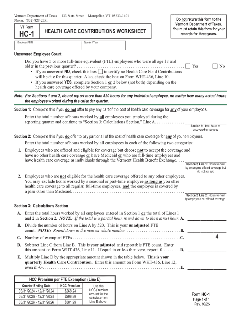 Form H C 1, Health Care Contributions Worksheet, and Form W H T 4 36, Quarterly Withholding Reconciliation and Required Contribu