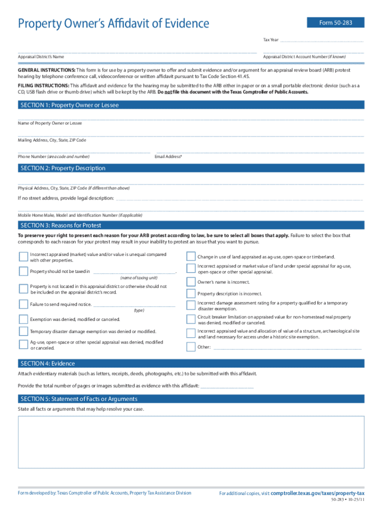 Property Owners Afdavit of Evidence  Form
