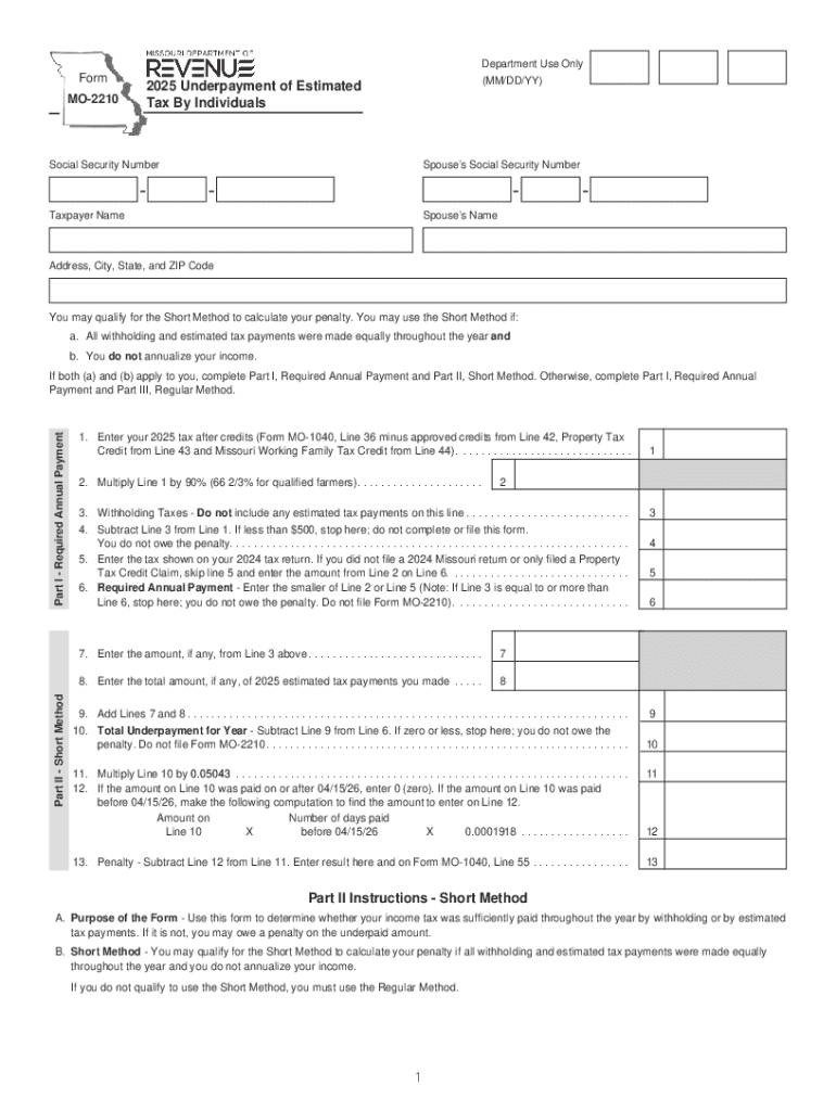 Form MO 2210 Underpayment of Estimated Tax by