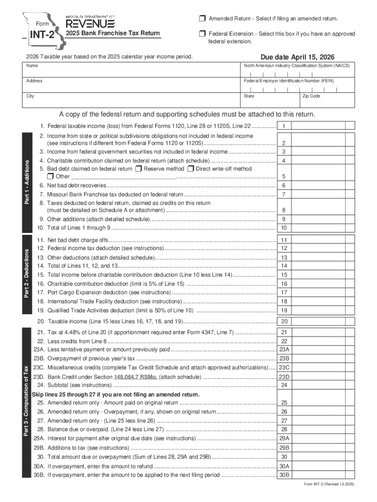 Form INT 2 Bank Franchise Tax Return