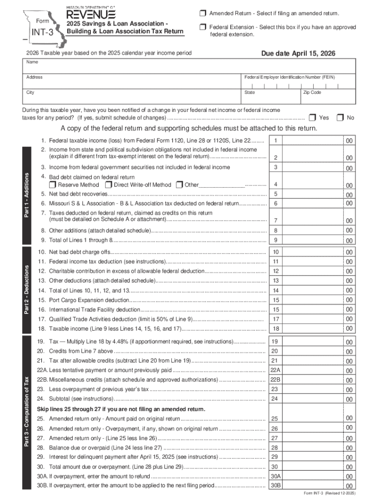 Form INT 3 Savings &amp;amp; Loan Association Building &amp;amp; Loan Association Tax Return